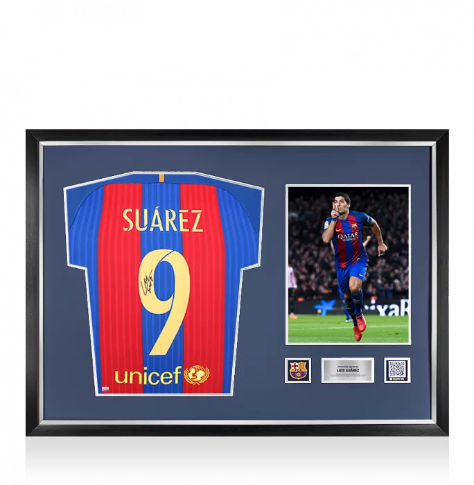 icons Luis Suarez Official FC Barcelona Back Signed and Framed 2016-17 Home Shirt with Fan Style Number