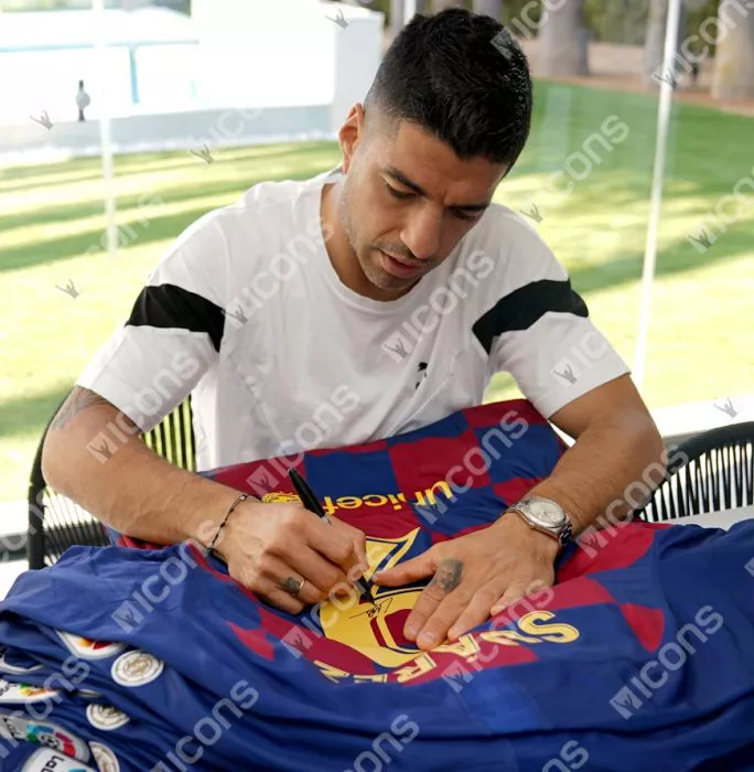 Icons Luis Suarez Official FC Barcelona Back Signed And Framed 2019-20 Home Shirt