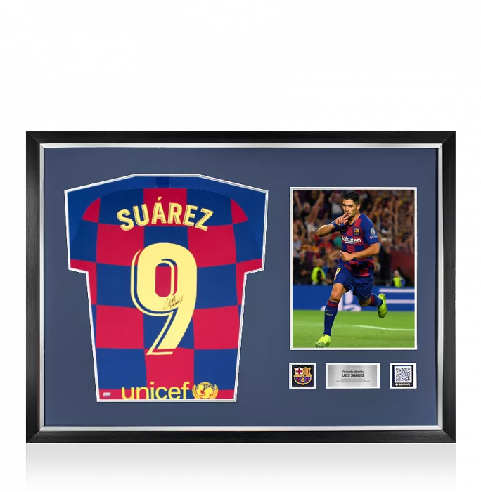 icons Luis Suarez Official FC Barcelona Back Signed and Framed 2019-20 Home Shirt