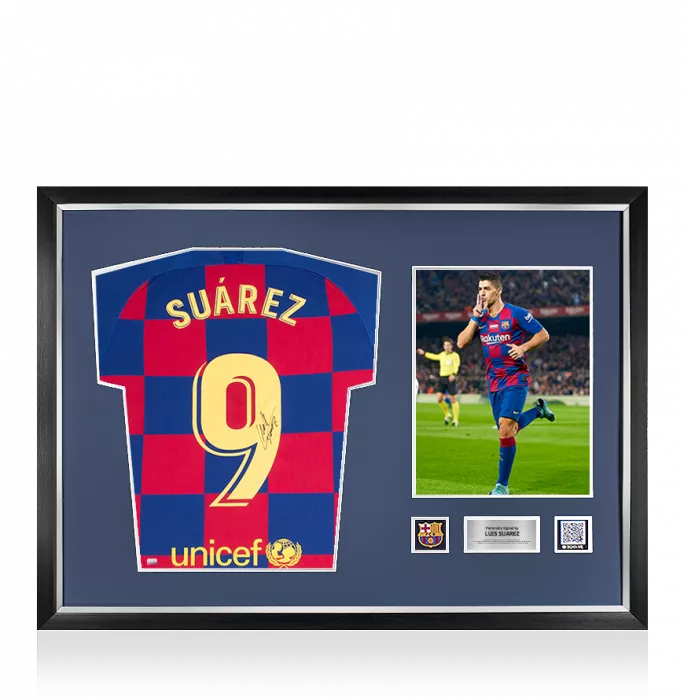 icons Luis Suarez Official FC Barcelona Back Signed and Framed 2019-20 Home Shirt