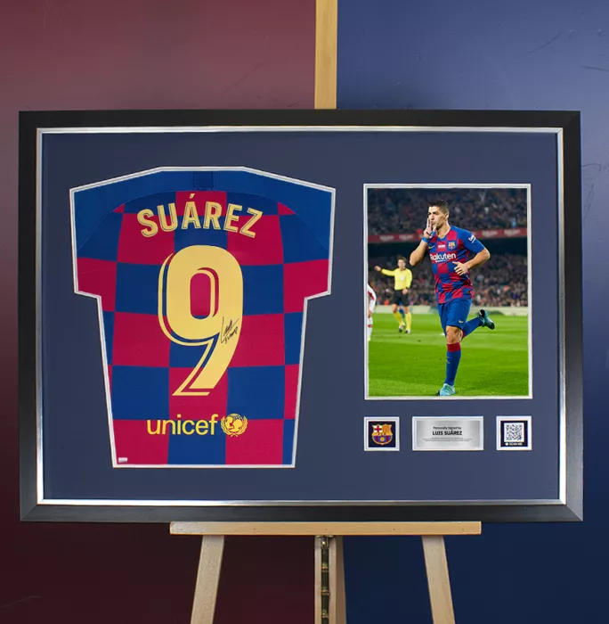 Icons Luis Suarez Official FC Barcelona Back Signed And Framed 2019-20 Home Shirt With Fan Style Number