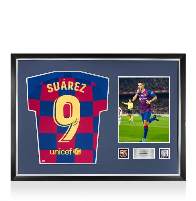 icons Luis Suarez Official FC Barcelona Back Signed and Framed 2019-20 Home Shirt With Fan Style Number