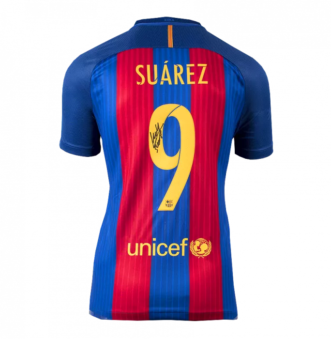 Icons Luis Suarez Official FC Barcelona Back Signed And Framed 2016-17 Home Shirt