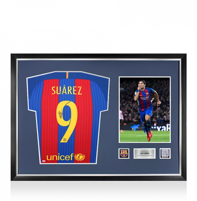 icons Luis Suarez Official FC Barcelona Back Signed and Framed 2016-17 Home Shirt