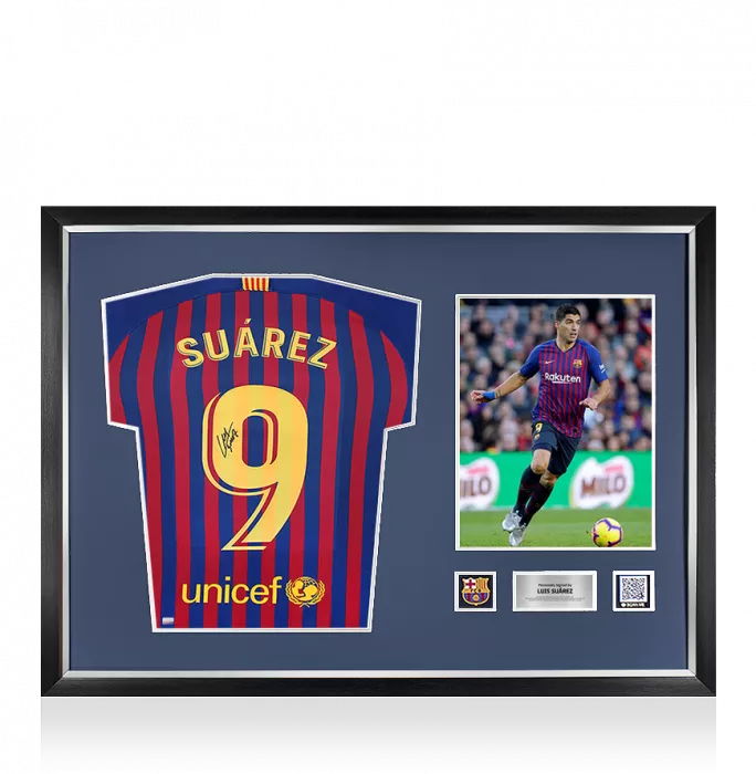 icons Luis Suarez Official FC Barcelona Back Signed and Framed 2018-19 Home Shirt with Fan Style Number