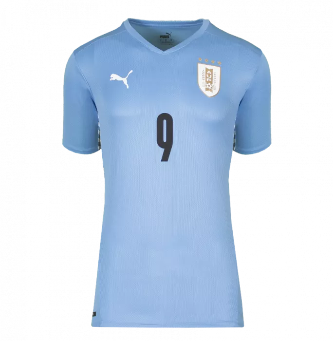 Icons Luis Suarez Official FIFA World Cup™ Back Signed And Framed Uruguay 2021-22 Home Shirt With Fan Style Number