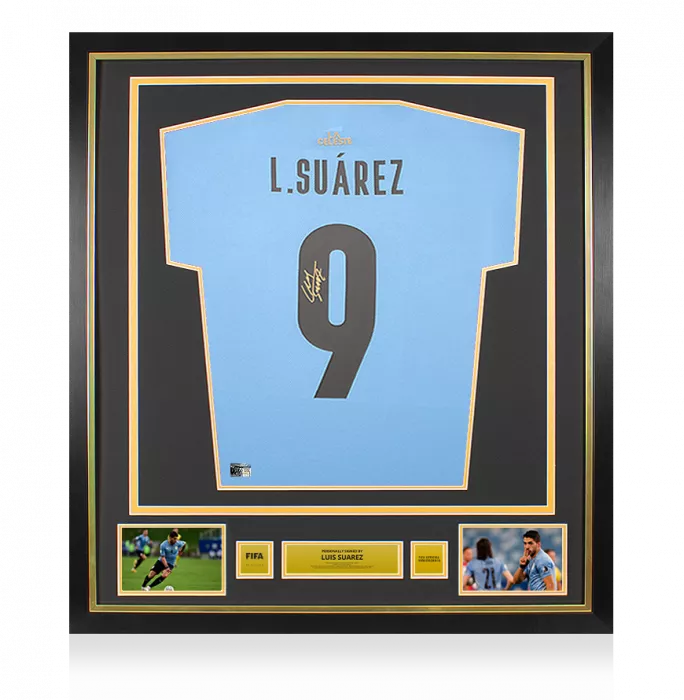 icons Luis Suarez Official FIFA World Cup™ Back Signed and Framed Uruguay 2021-22 Home Shirt with Fan Style Number