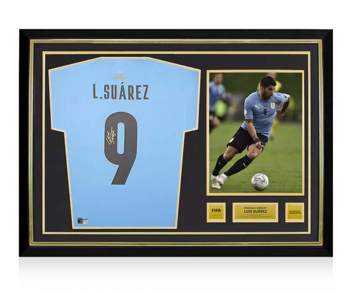icons Luis Suarez Official FIFA World Cup™ Back Signed and Hero Framed Uruguay 2021-22 Home Shirt with Fan Style Number