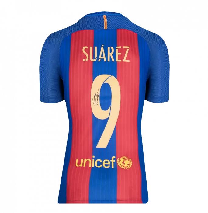 Icons Luis Suarez Official UEFA Champions League Back Signed And Hero Framed FC Barcelona 2016-17 Home Shirt With Fan Style Number