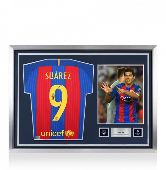 icons Luis Suarez Official UEFA Champions League Back Signed and Hero Framed FC Barcelona 2016-17 Home Shirt