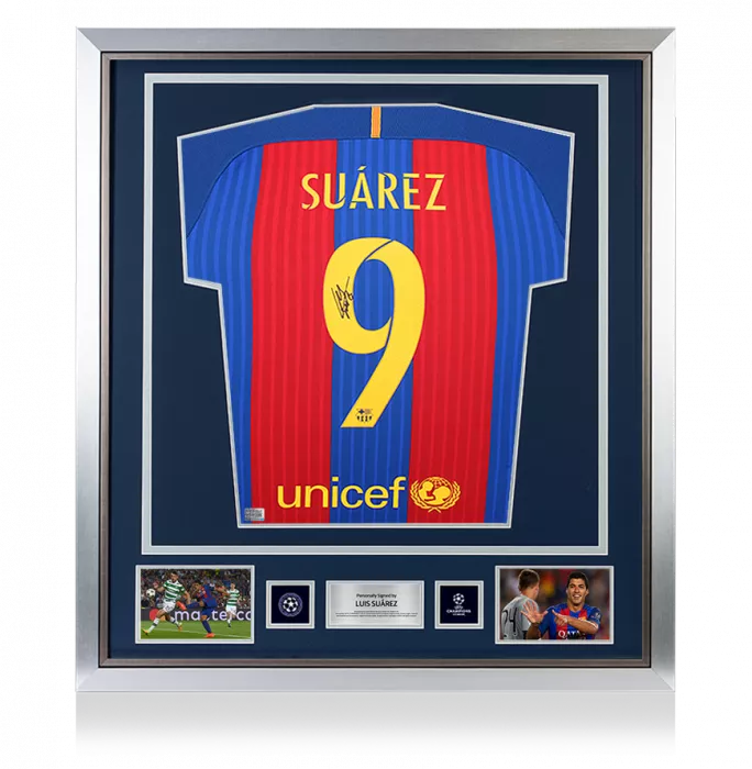 icons Luis Suarez Official UEFA Champions League Back Signed and Framed FC Barcelona 2016-17 Home Shirt