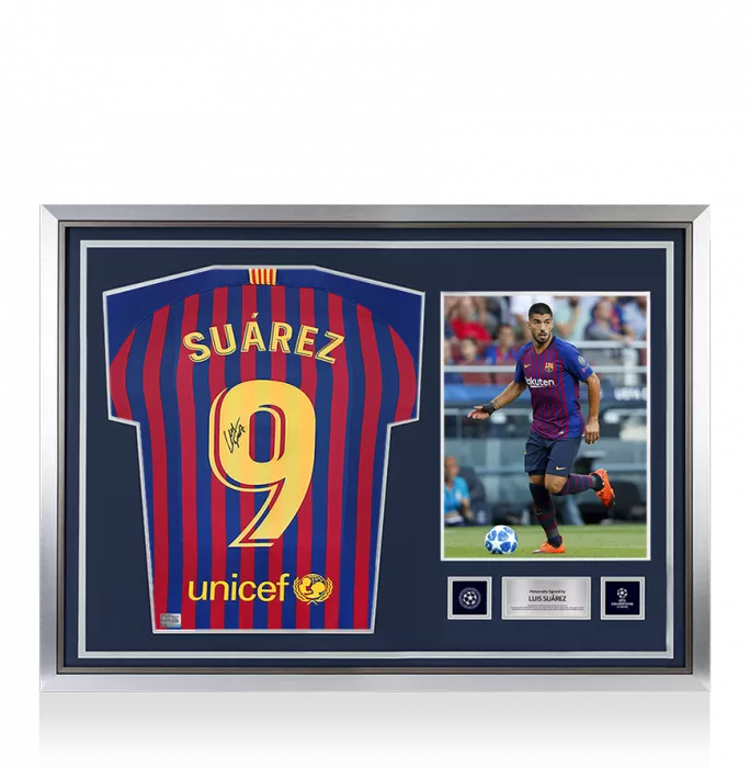 icons Luis Suarez Official UEFA Champions League Back Signed and Hero Framed FC Barcelona 2018-19 Home Shirt with Fan Style Number