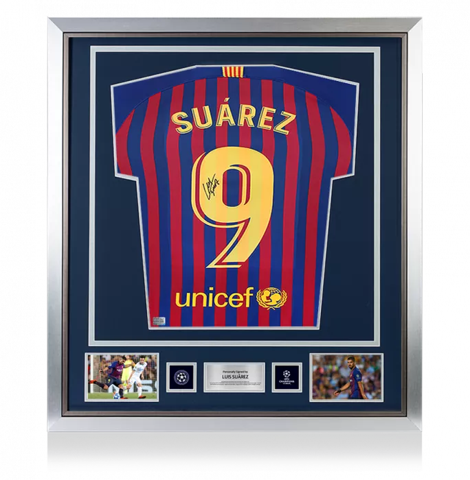 icons Luis Suarez Official UEFA Champions League Back Signed and Framed FC Barcelona 2018-19 Home Shirt with Fan Style Number