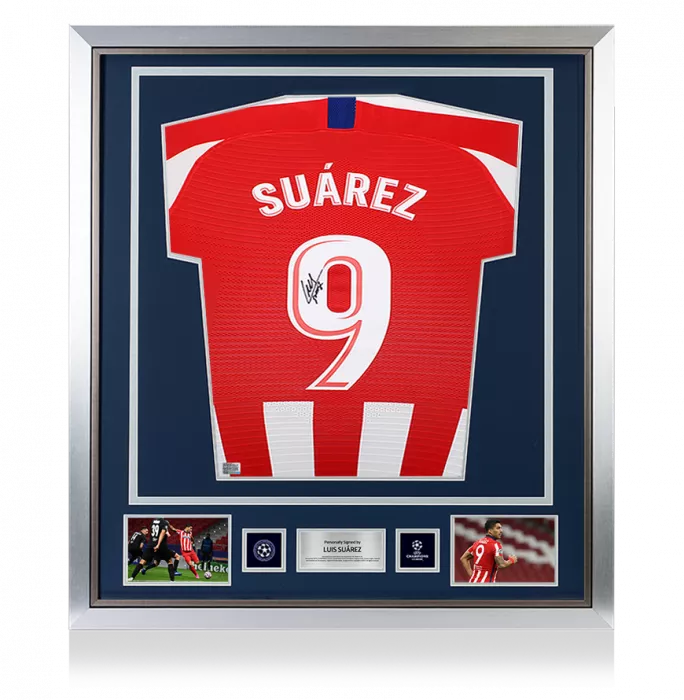 icons Luis Suarez Official UEFA Champions League Back Signed and Framed Atletico Madrid 2019-20 Home Shirt with Fan Style Number