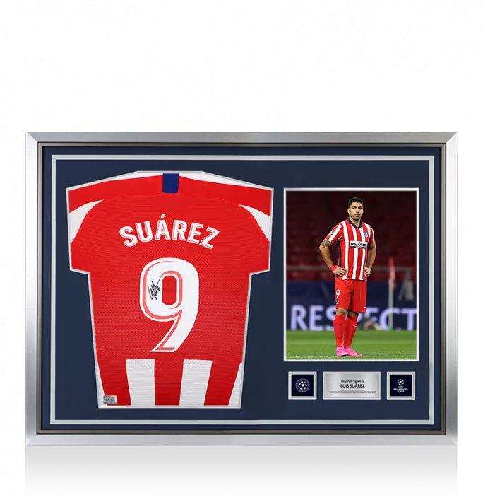 icons Luis Suarez Official UEFA Champions League Back Signed and Hero Framed Atletico Madrid 2019-20 Home Shirt with Fan Style Number