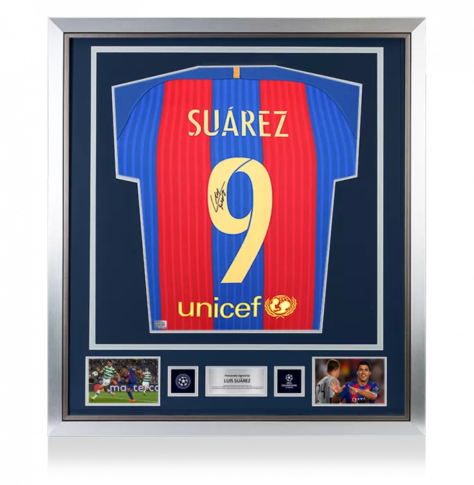 icons Luis Suarez Official UEFA Champions League Back Signed and Framed FC Barcelona 2016-17 Home Shirt with Fan Style Number