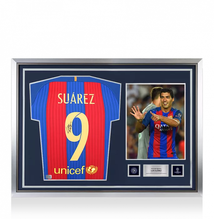 icons Luis Suarez Official UEFA Champions League Back Signed and Hero Framed FC Barcelona 2016-17 Home Shirt with Fan Style Number