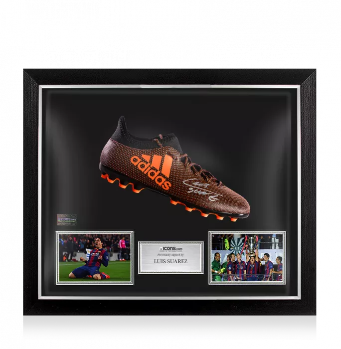 Icons Luis Suarez Signed Burnt Orange Adidas X 17.3 Boot In Bubble Frame: FC Barcelona