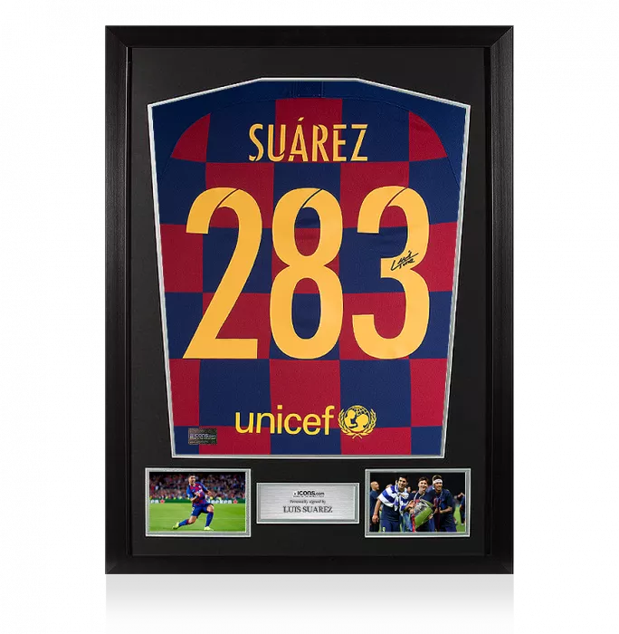 icons Luis Suarez Signed FC Barcelona Home Shirt In Classic Frame: 283 Goals Special Edition