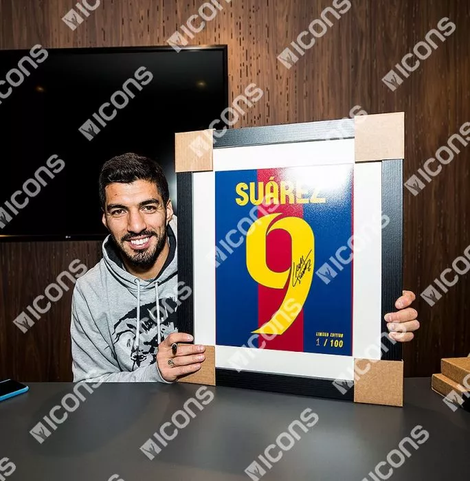 Icons Luis Suarez Signed FC Barcelona Shirt Print In Black Wooden Frame: Limited Edition 'Suarez 9'