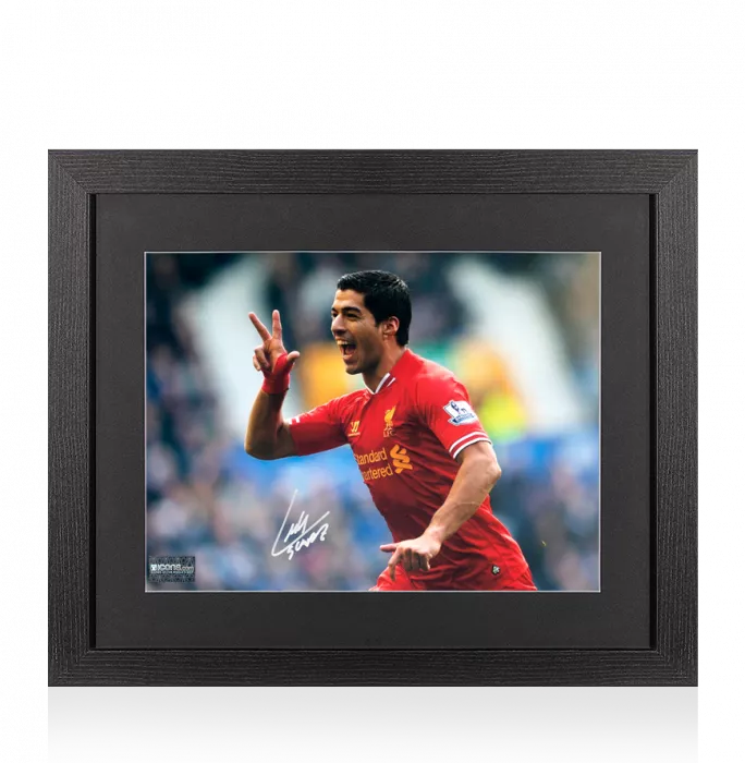 icons Luis Suarez Signed Liverpool FC Photo In Black Wooden Frame: Celebration vs. Everton
