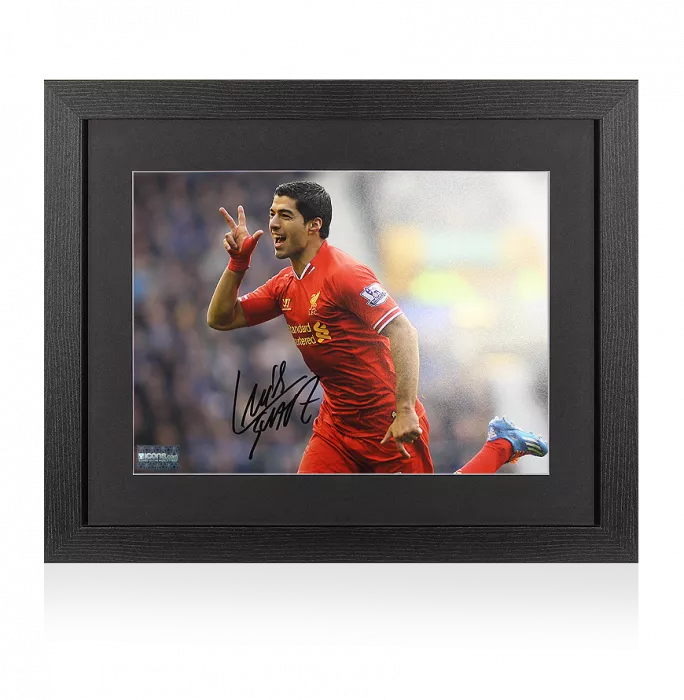 Icons Luis Suarez Signed Liverpool Photo In Black Wooden Frame: Trademark Celebration
