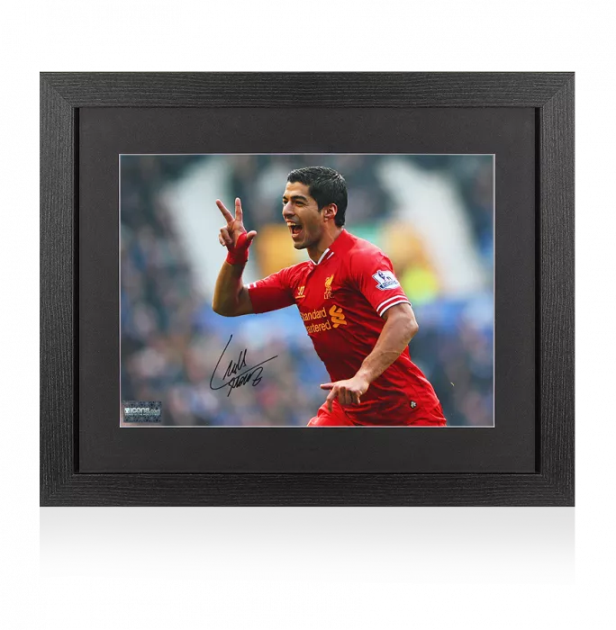 icons Luis Suarez Signed Liverpool Photo In Black Wooden Frame: Goal vs Everton