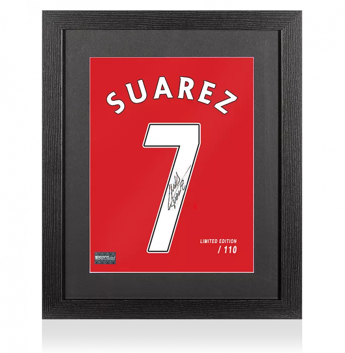 icons Luis Suarez Signed Liverpool Shirt Print In Black Wooden Frame: Limited Edition 'Suarez 7'