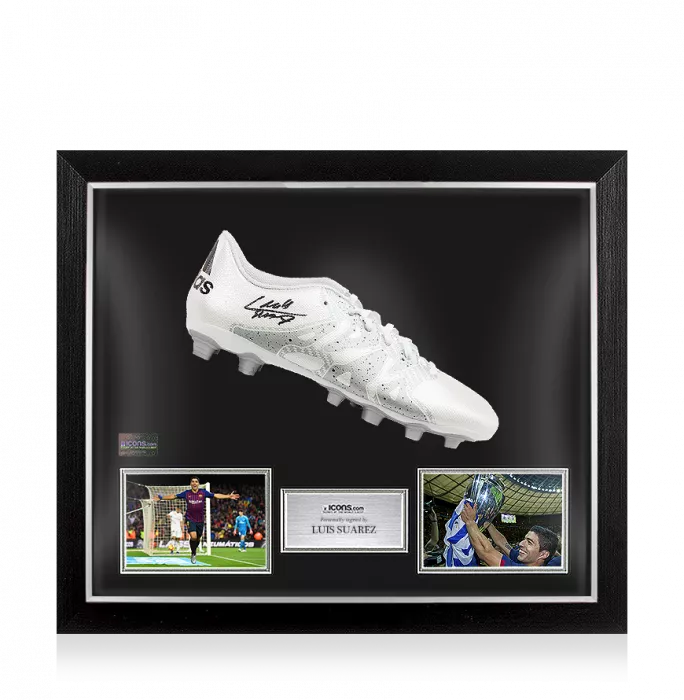 icons Luis Suarez Signed White and Silver Adidas X 15.4 Boot In Bubble Frame: Option 1