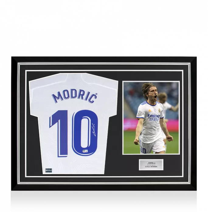 icons Luka Modric Back Signed Real Madrid 2021-22 Home Shirt With Long Sleeves In Hero Frame: Option 1