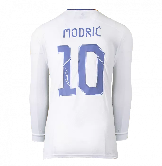 Icons Luka Modric Back Signed Real Madrid 2021-22 Long Sleeve Home Shirt With Fan Style Numbers: UCL Edition In Hero Frame: Option 1
