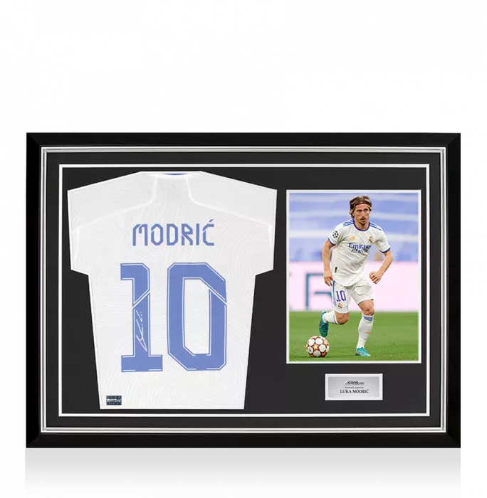 icons Luka Modric Back Signed Real Madrid 2021-22 Long Sleeve Home Shirt with Fan Style Numbers: UCL Edition In Hero Frame: Option 1