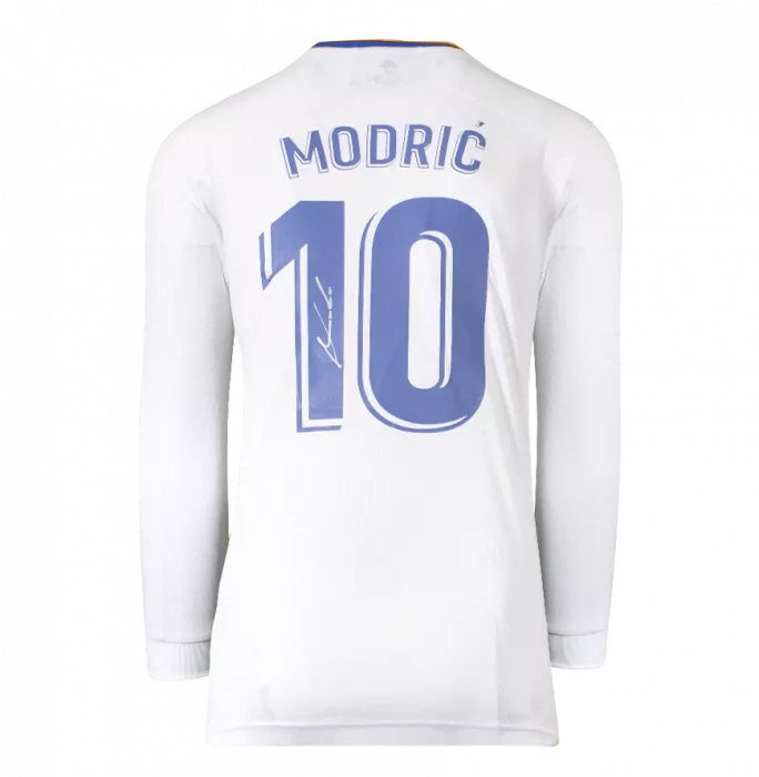 Icons Luka Modric Back Signed Real Madrid 2021-22 Long Sleeve Home Shirt With Fan Style Numbers: La Liga Edition In Classic Frame