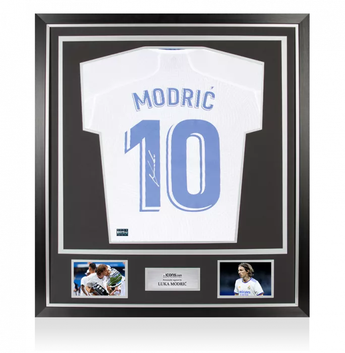 icons Luka Modric Back Signed Real Madrid 2021-22 Long Sleeve Home Shirt with Fan Style Numbers: La Liga Edition In Classic Frame