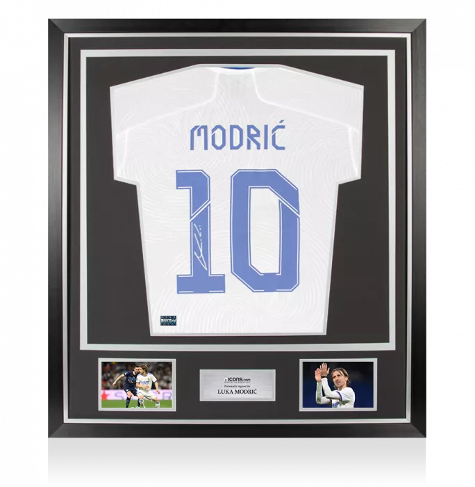 icons Luka Modric Back Signed Real Madrid 2021-22 Long Sleeve Home Shirt with Fan Style Numbers: UCL Edition In Classic Frame
