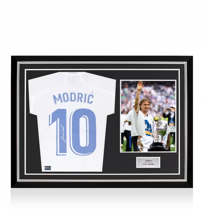 icons Luka Modric Back Signed Real Madrid 2021-22 Long Sleeve Home Shirt with Fan Style Numbers: La Liga Edition In Hero Frame: Option 1