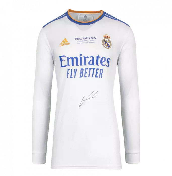 Icons Luka Modric Front Signed Real Madrid 2021-22 Long Sleeve Home Shirt: UEFA Champions League Final Text In Classic Frame