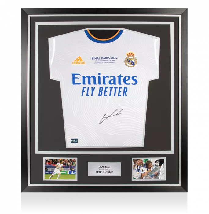 icons Luka Modric Front Signed Real Madrid 2021-22 Long Sleeve Home Shirt: UEFA Champions League Final Text In Classic Frame