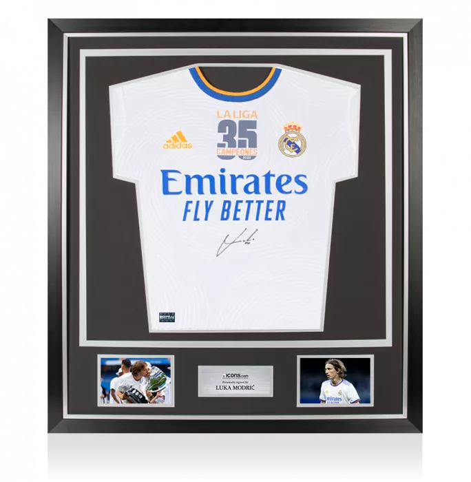 icons Luka Modric Front Signed Real Madrid 2021-22-Long Sleeve Home Shirt: La Liga Champions In Classic Frame