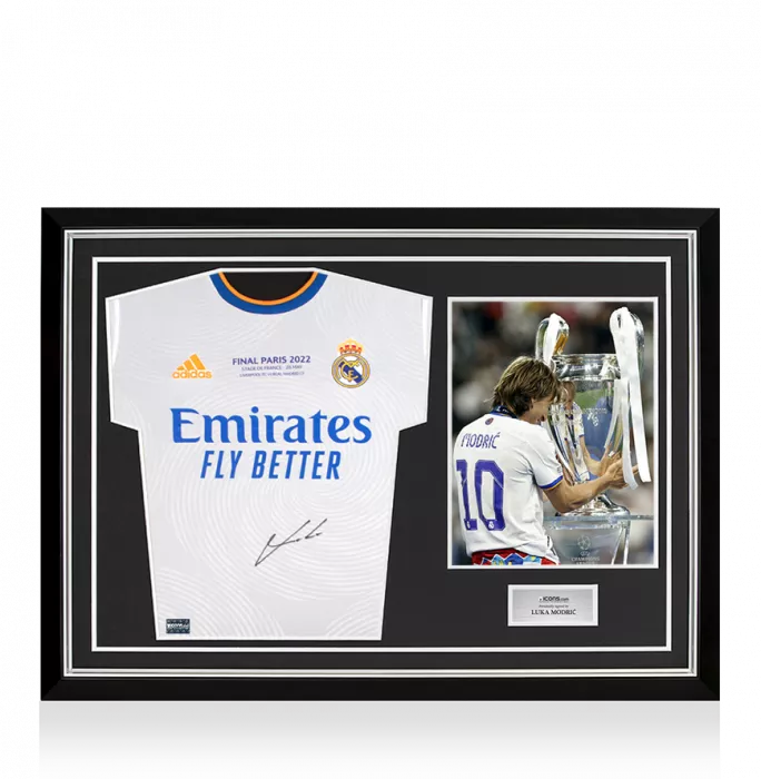 icons Luka Modric Front Signed Real Madrid 2021-22 Long Sleeve Home Shirt: UEFA Champions League Final Text In Hero Frame: Option 1
