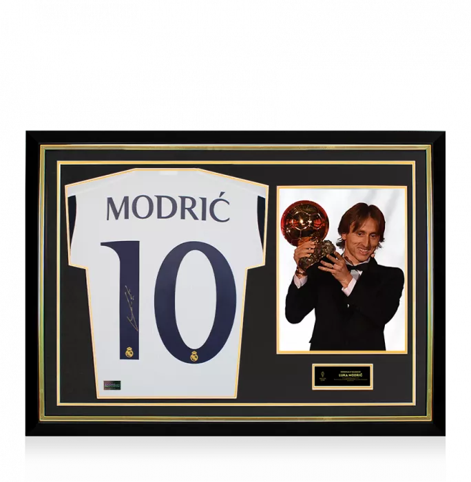 icons Luka Modric Official Ballon d'Or™ Back Signed and Hero Framed Real Madrid 2023-24 Home Shirt