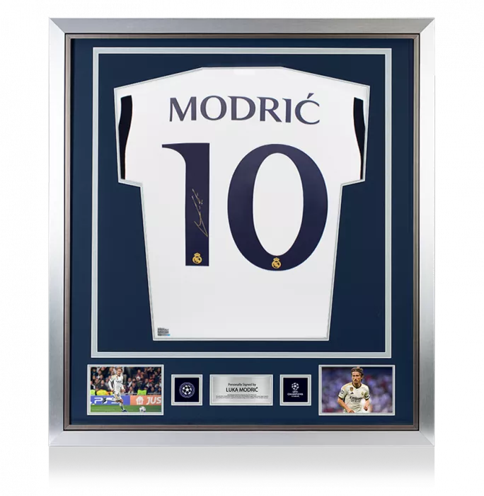 icons Luka Modric Official UEFA Champions League Back Signed and Framed Real Madrid 2023-24 Home Shirt