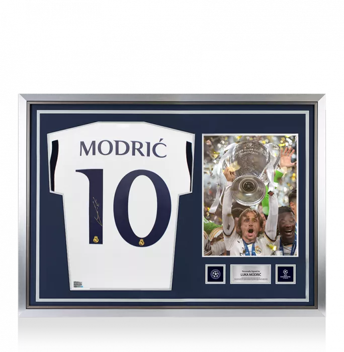 icons Luka Modric Official UEFA Champions League Back Signed and Hero Framed Real Madrid 2023-24 Home Shirt