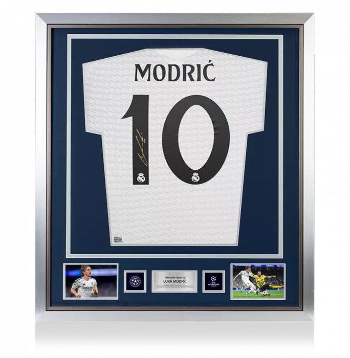 icons Luka Modric Official UEFA Champions League Back Signed and Framed Authentic Real Madrid 2024-25 Home Shirt