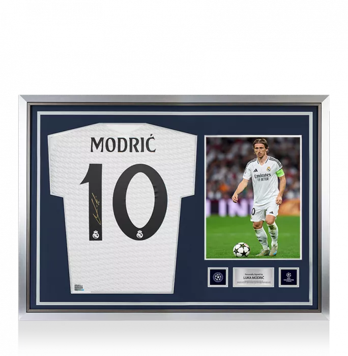 icons Luka Modric Official UEFA Champions League Back Signed and Hero Framed Authentic Real Madrid 2024-25 Home Shirt
