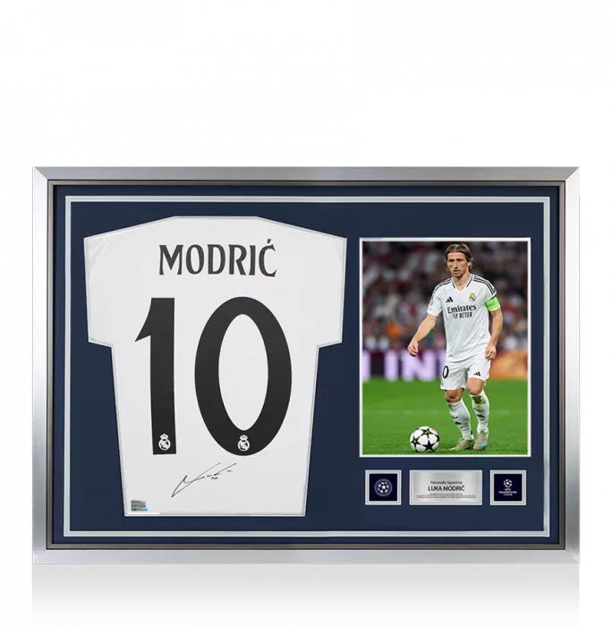 icons Luka Modric Official UEFA Champions League Back Signed and Hero Framed Real Madrid 2024-25 Home Shirt