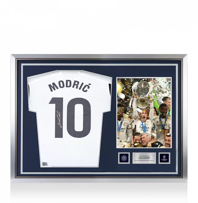 icons Luka Modric Official UEFA Champions League Back Signed and Hero Framed Real Madrid CF 2023-24 Home Shirt
