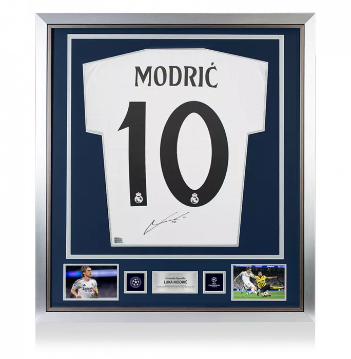 icons Luka Modric Official UEFA Champions League Back Signed and Framed Real Madrid 2024-25 Home Shirt