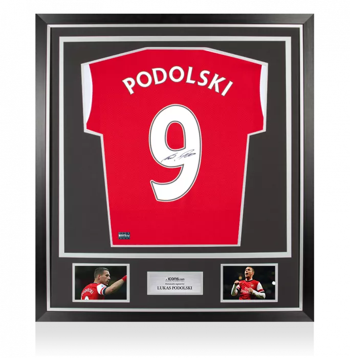 icons Lukas Podolski Back Signed Arsenal 2019-20 Home Shirt With Fan Style Number In Classic Frame