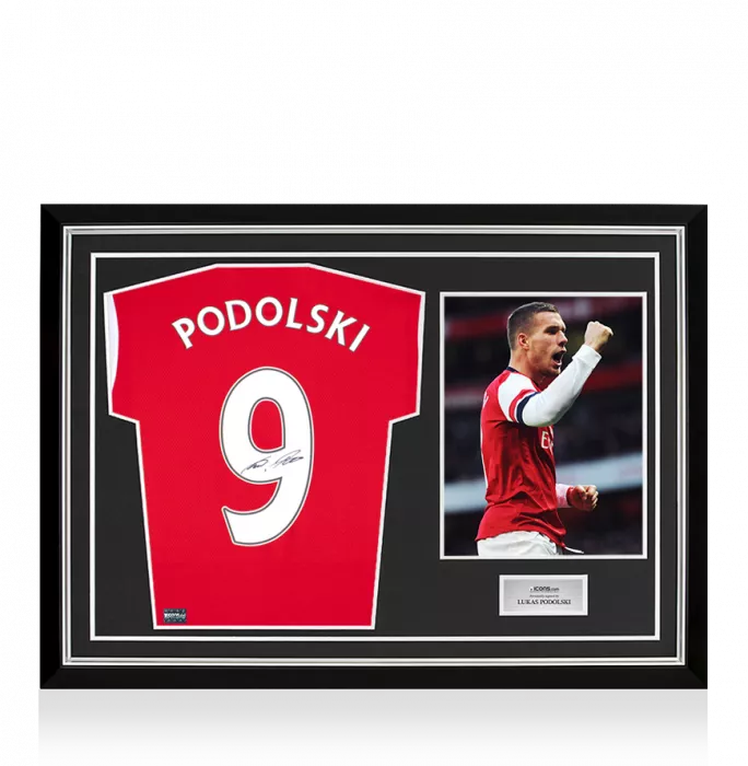 icons Lukas Podolski Back Signed Arsenal 2019-20 Home Shirt With Fan Style Number In Hero Frame: Option 1